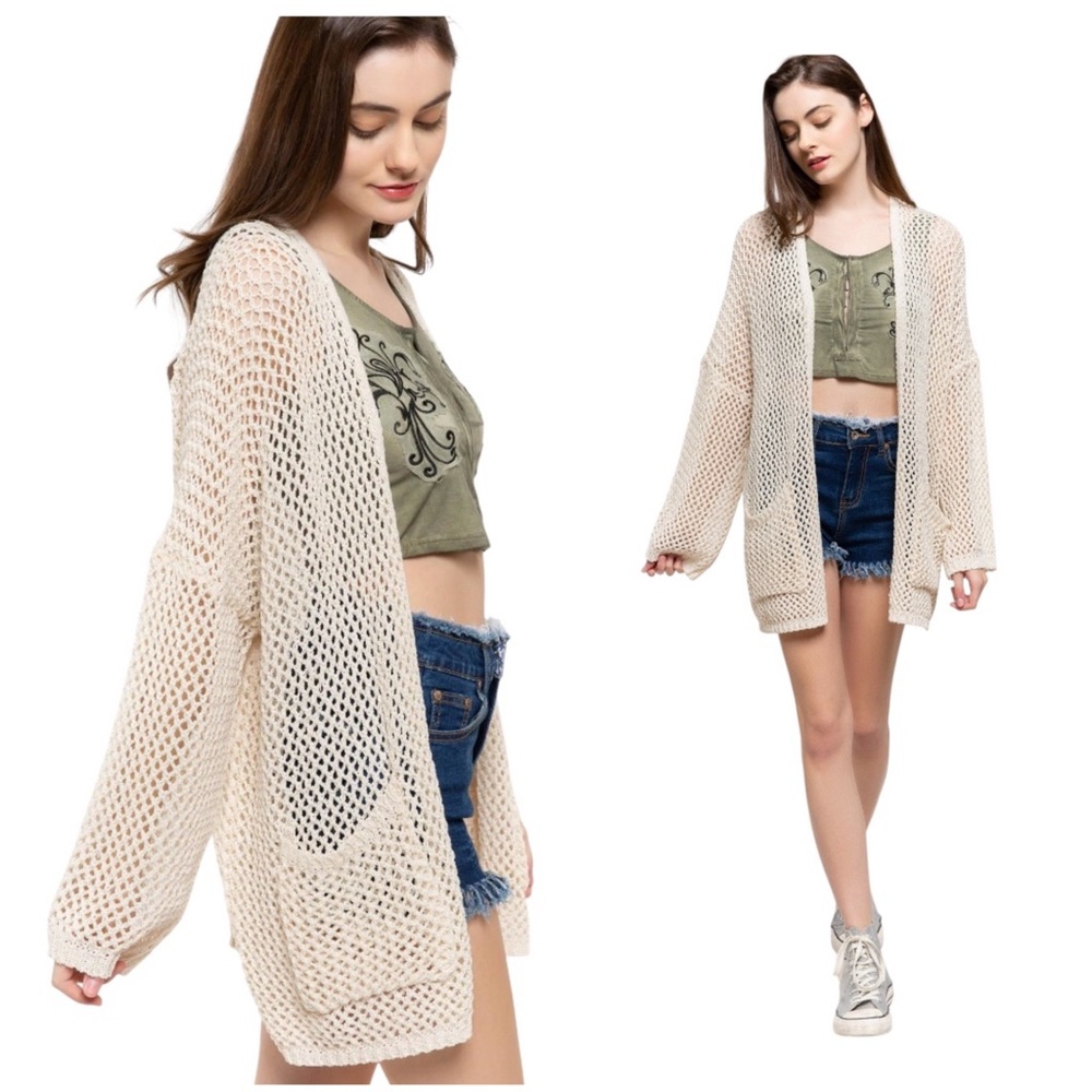 🆕 POL - Open Weave Box Knit Kimono Cardigan   - Pockets - 2 Colors - Small